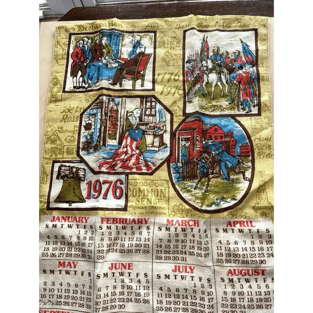 Vtg 1976 Linen Calendar Tea Towel Bicentennial Paul Revere Betsy Ross Washington